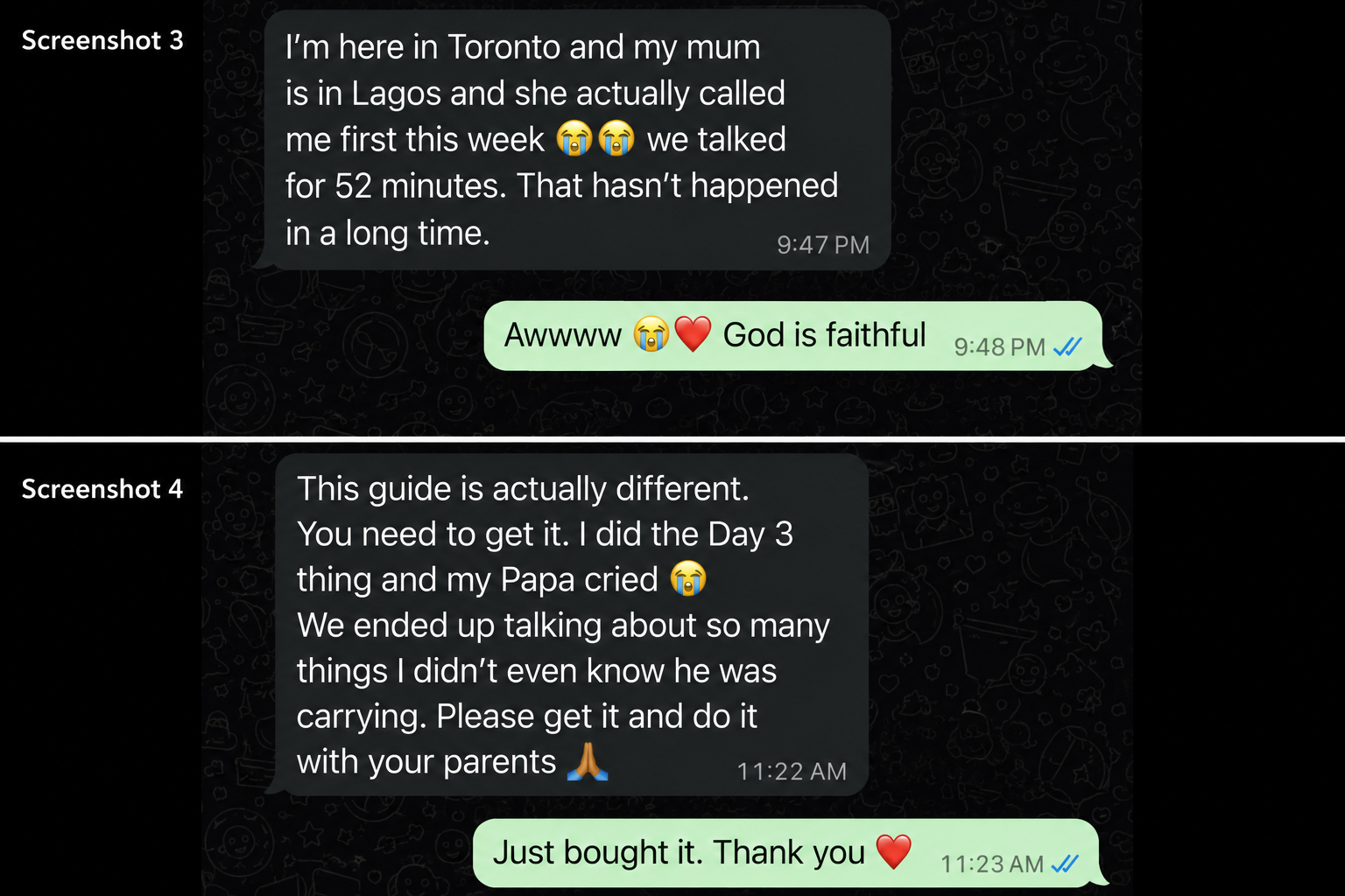 WhatsApp screenshot — buyer sharing result with friend after using the guide
