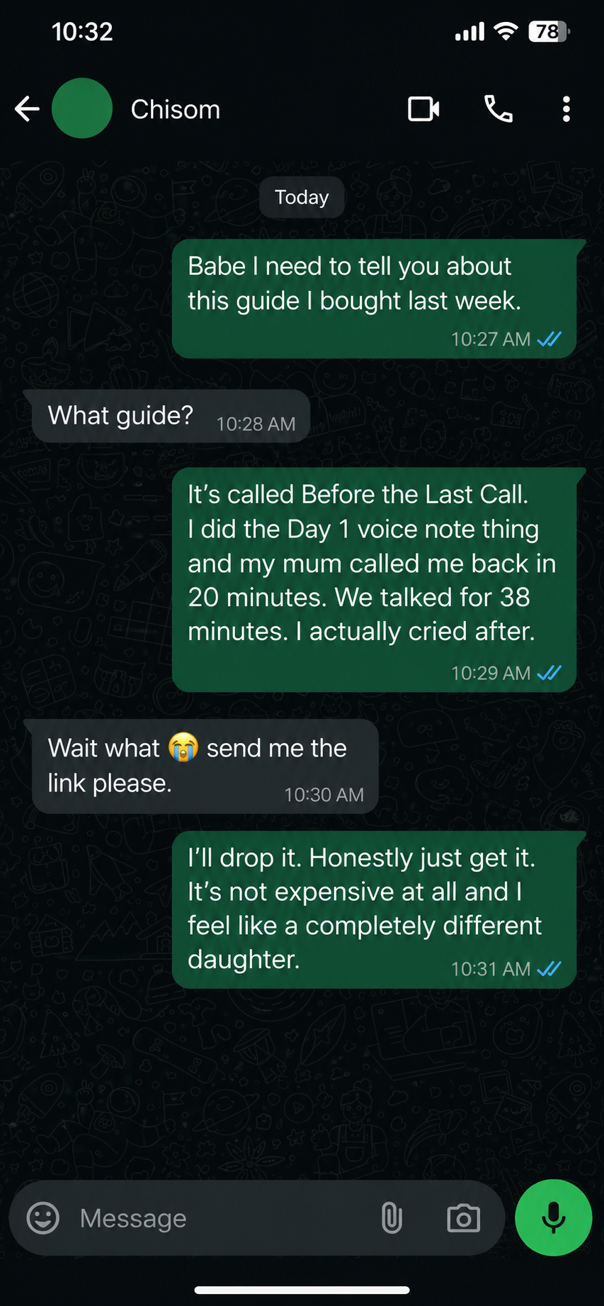 WhatsApp proof — buyer recommending guide to a friend or sibling