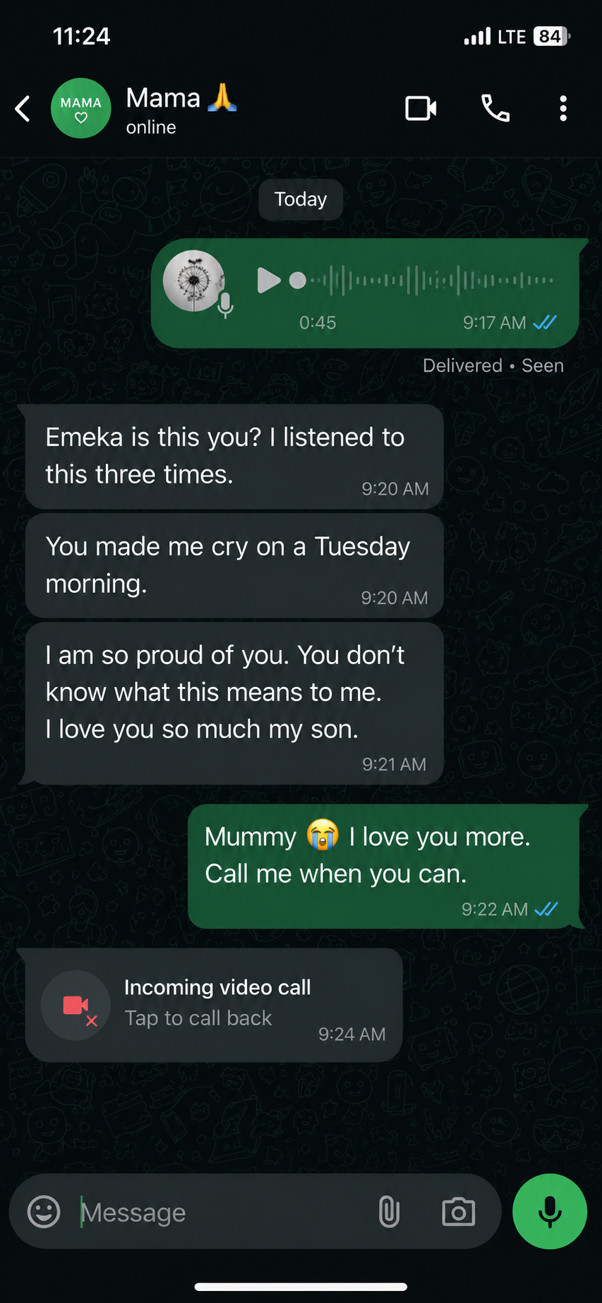 WhatsApp proof — parent calling back unprompted after voice note