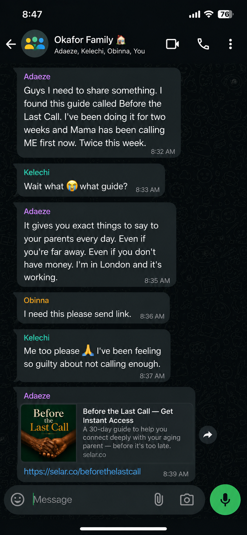 WhatsApp proof — sibling group chat reaction