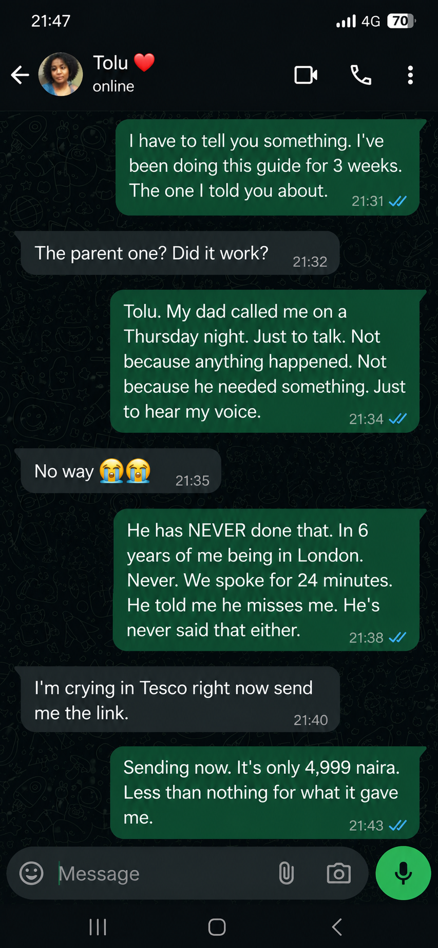 WhatsApp proof — diaspora buyer breakthrough moment