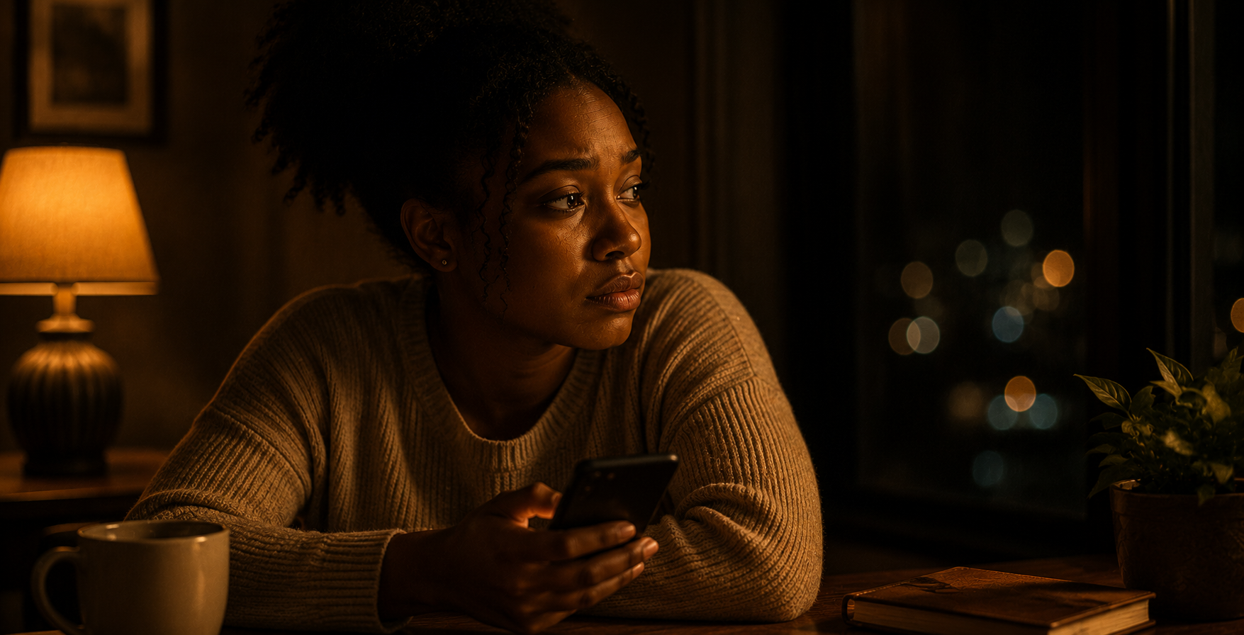Young Nigerian adult sitting alone with phone, quiet expression of longing