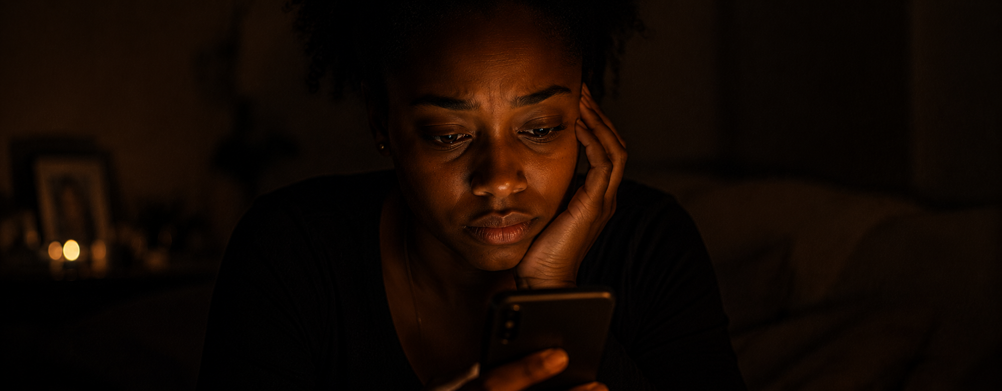 Young adult at night lit only by phone screen, quiet expression after a short call