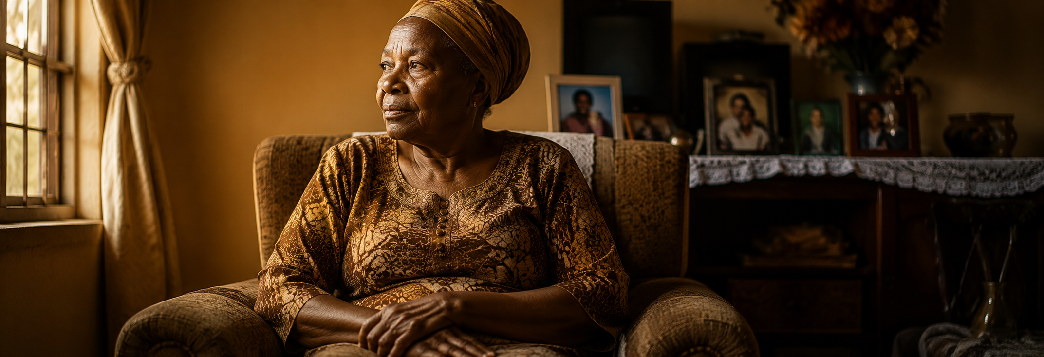 Elderly Nigerian woman sitting alone in soft afternoon light, quiet and still