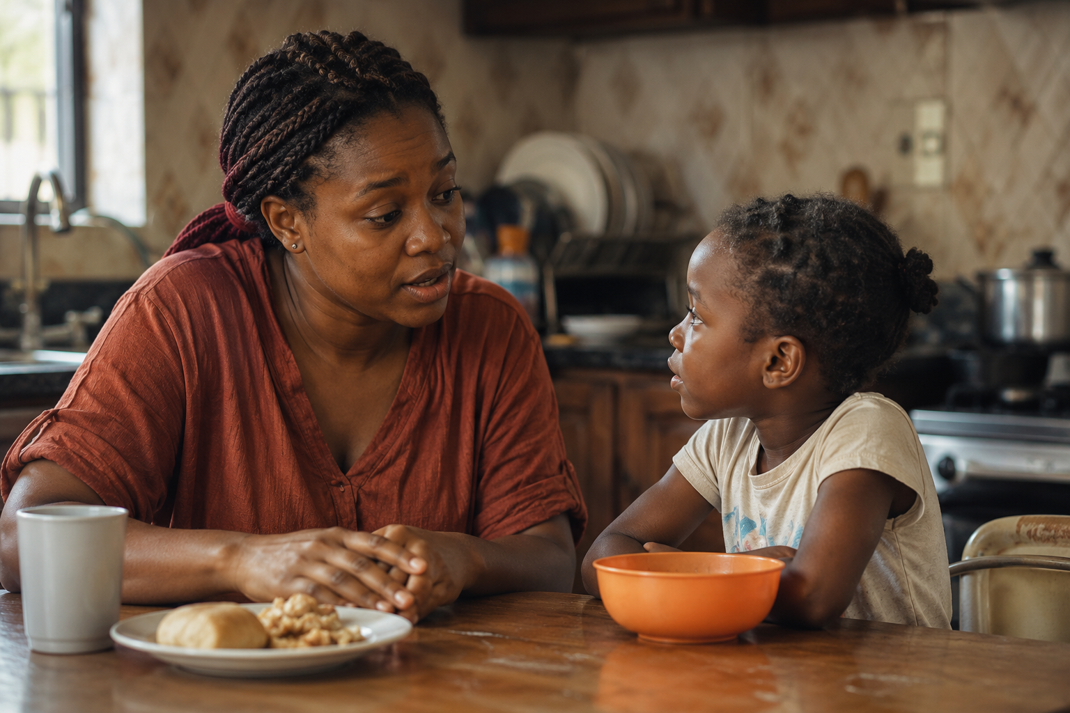 Mother and child at kitchen table
