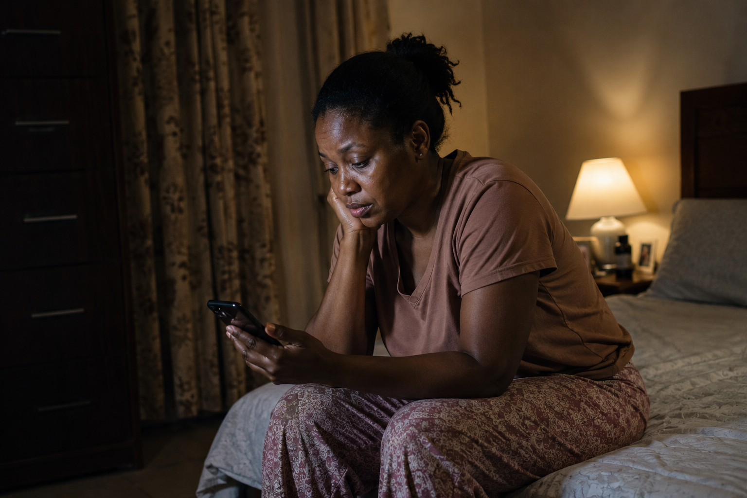 Mother sitting alone, quiet exhaustion