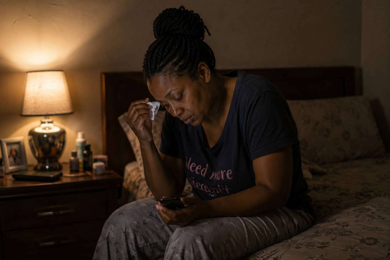 Mother on edge of bed, private low moment